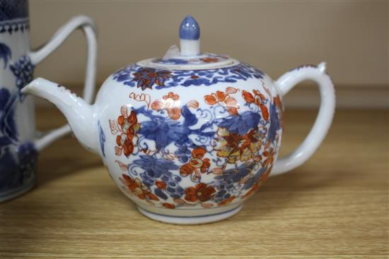 Three Chinese blue and white mugs, Qianlong period and a Chinese Imari teapot and cover, early 18th century tallest 15cm